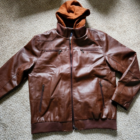 EUC Faux Leather Outdoor Jacket zip up with hoodie - Picture 1 of 5
